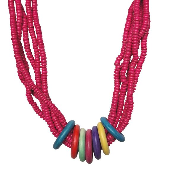 Vintage Pink Beaded Multi Strand Necklace Boho Retro - Picture 1 of 5